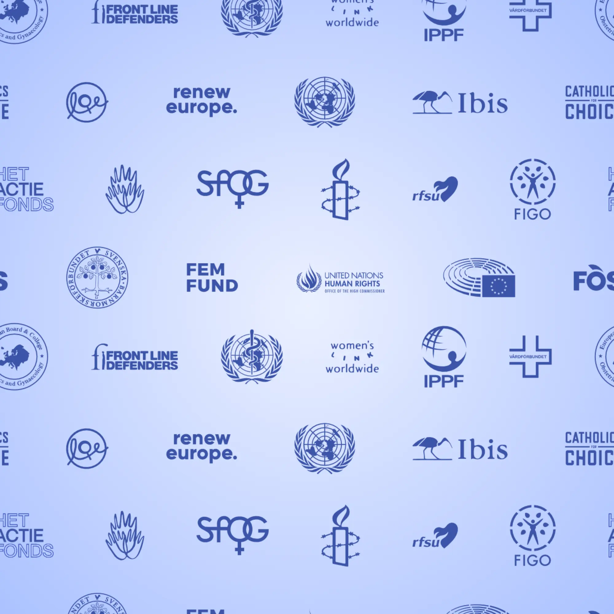 Logotypy organizacji feministycznych, aborcyjnych i europejskich.