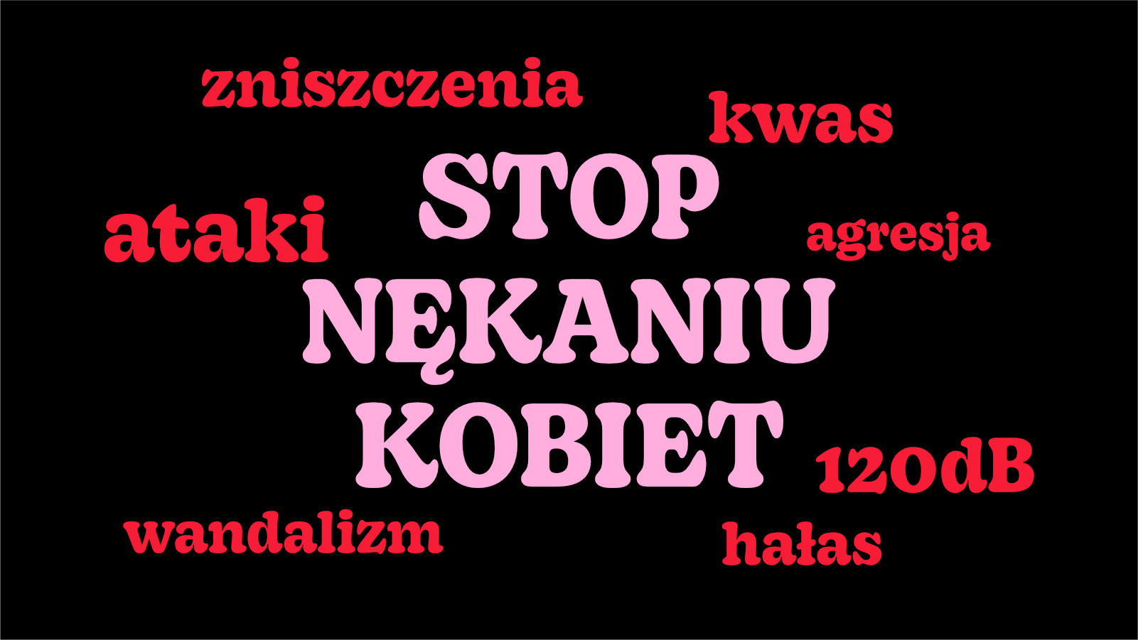 Napis - Stop nękaniu kobiet - w tle przykłady ataków na przychodnię aborcyjną - atraki kwasem, hałas, agresja, wandalizm.