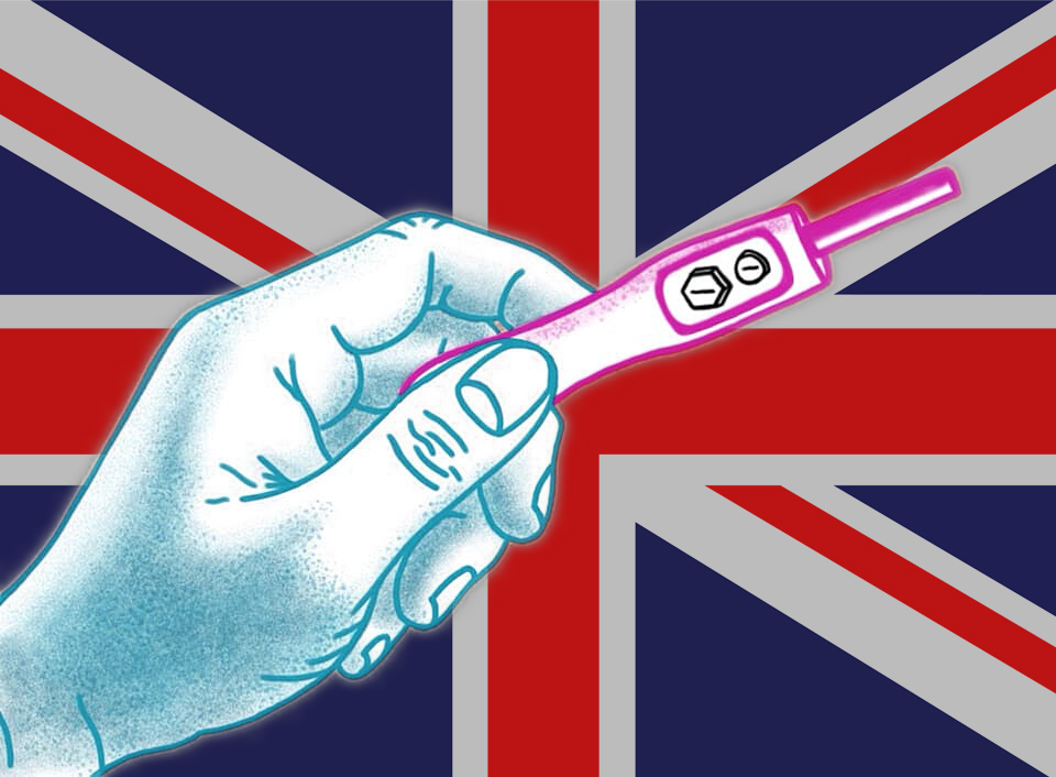 Ilustracja przedstawiająca termometr wystylizowany na test ciążowy, w tle Angielska flaga.
