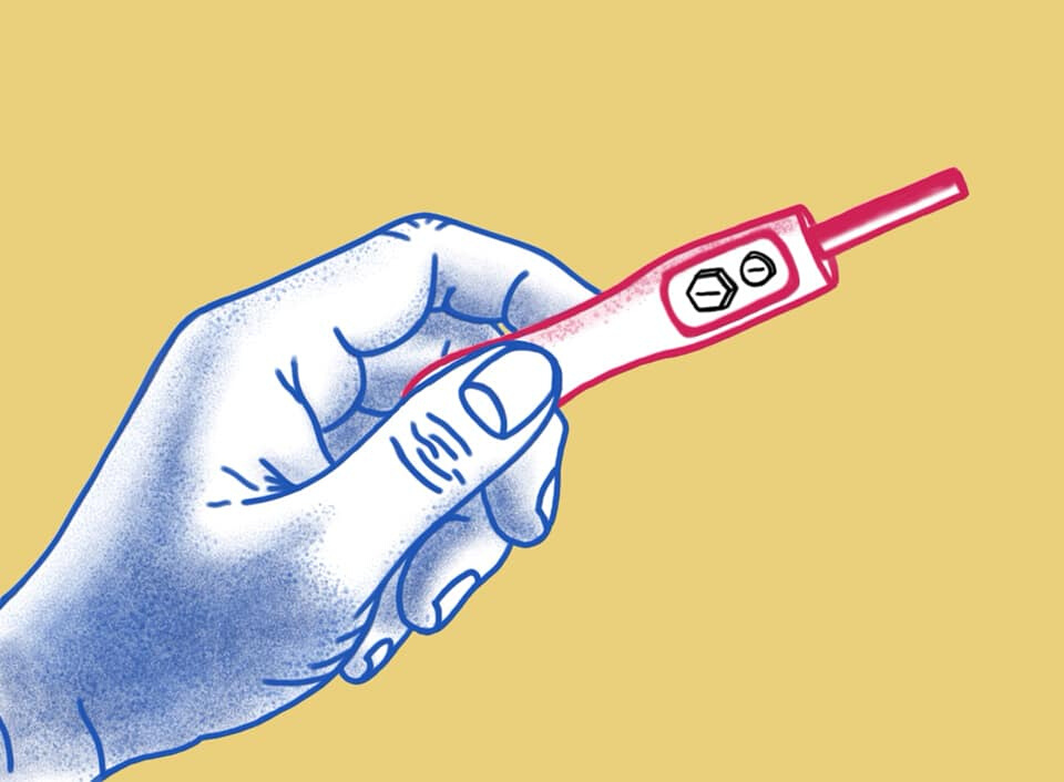 Ilustracja przedstawiająca termometr wystylizowany na test ciążowy.