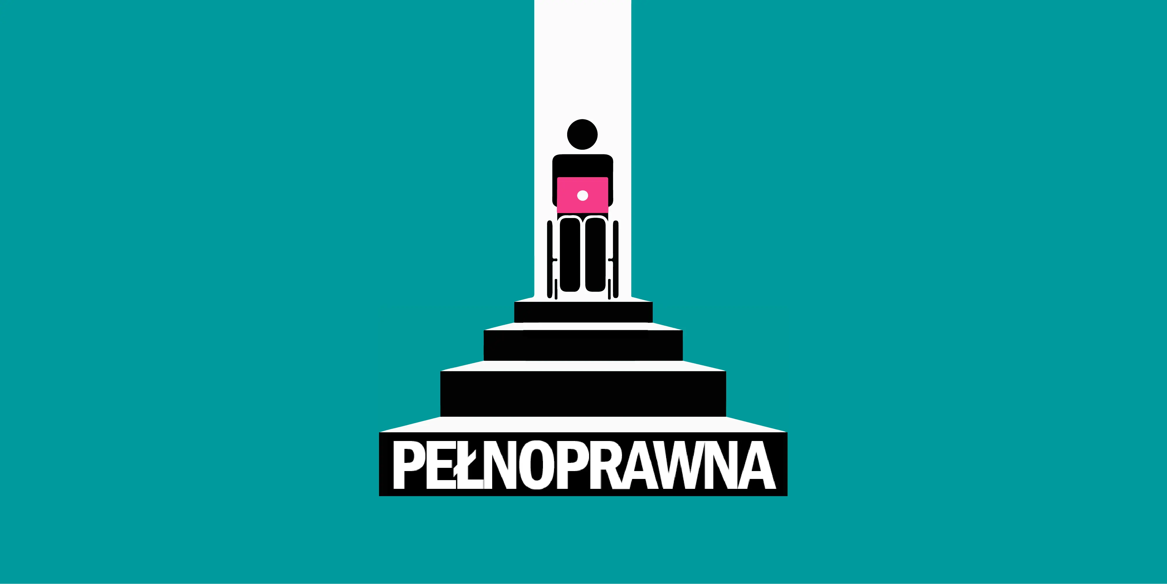 Logo inicjatywy Pełnoprawna. Czarna postać na wózku z  różowym laptopem na kolanach stoi na górze czarno-białych schodów. Na najniższym biały napis 