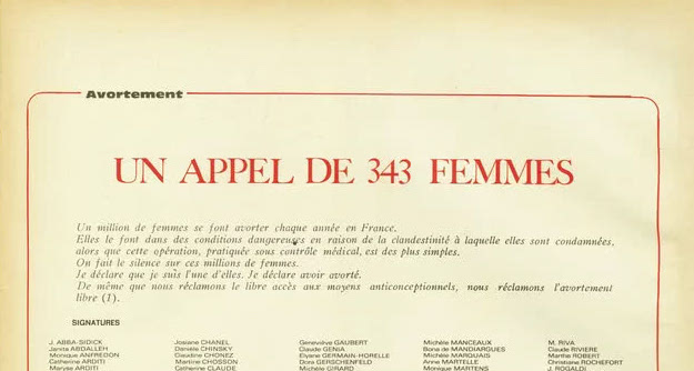 Pierwsza strona francuskiego manifestu 343 kobiet.