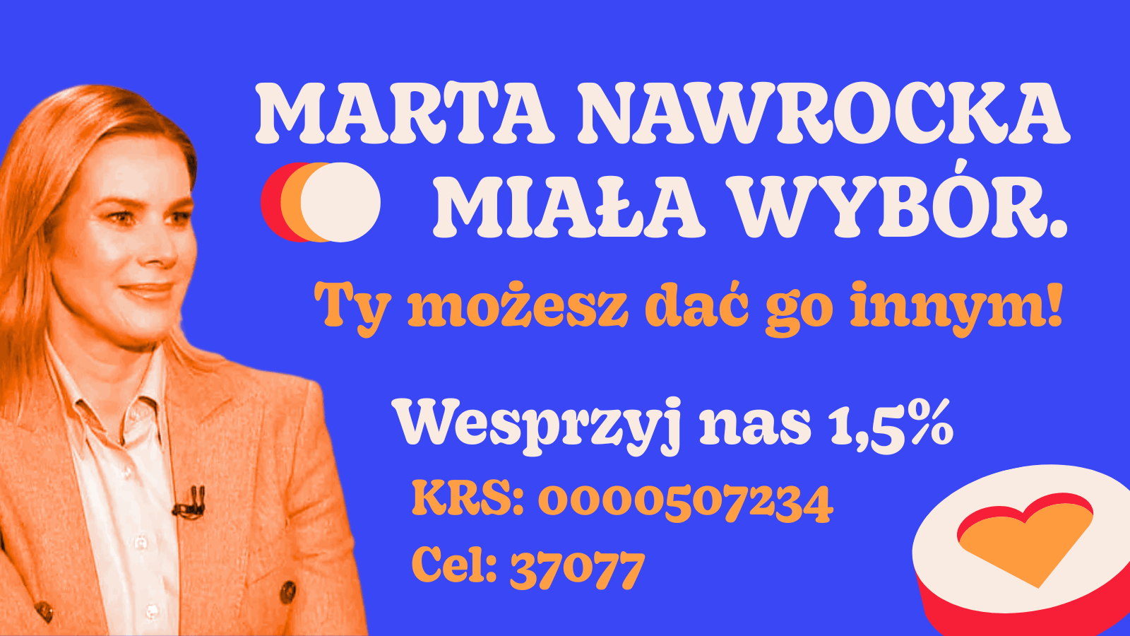Marta Nawrocka oraz dane do przekazania 1.5% na ADT.