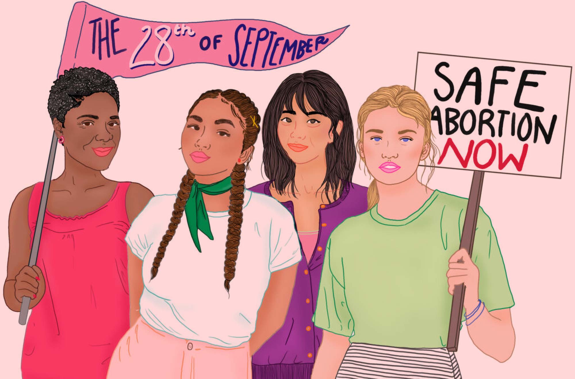 Ilustracja - cztery kobiety o różnych kolorach skóry stoją razem z transparentami świętującymi dzień bezpiecznej aborcji.