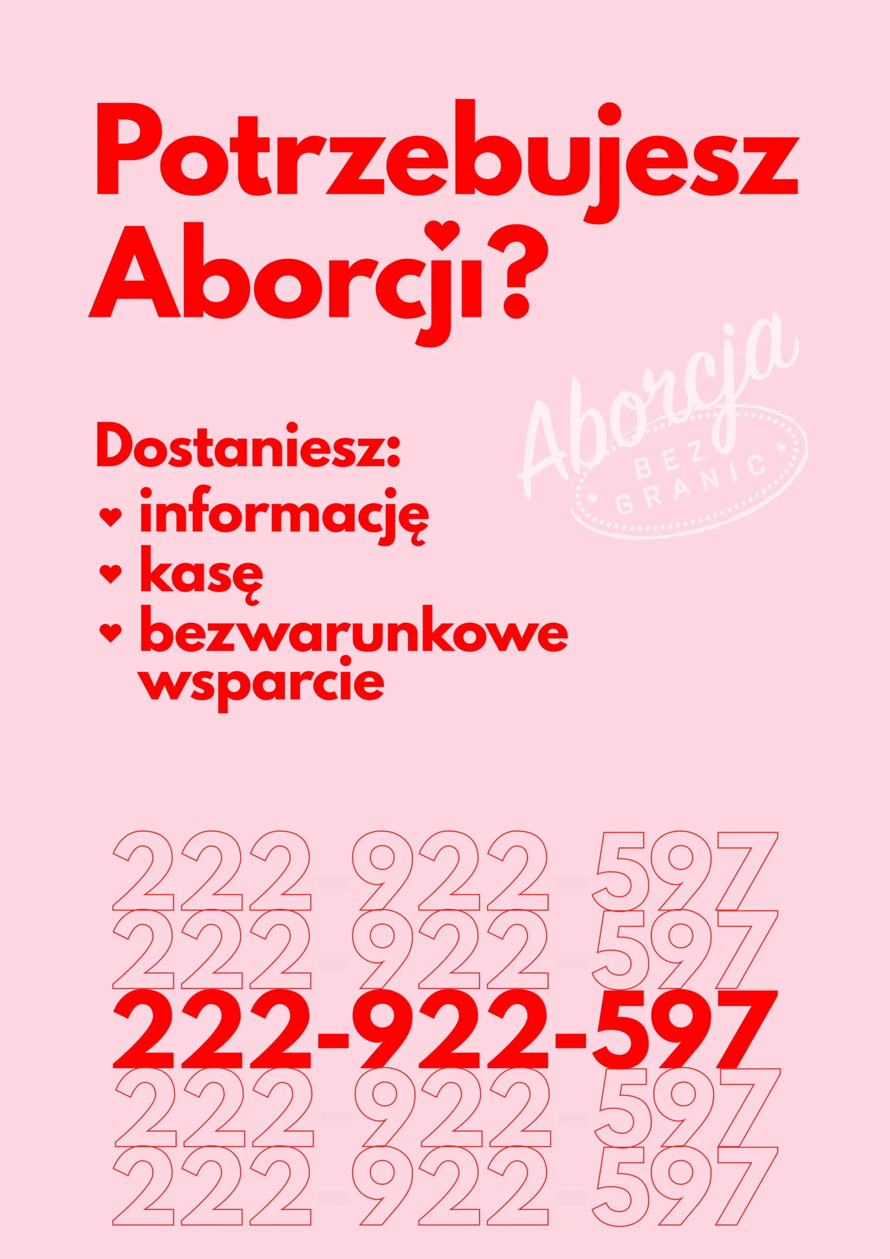 Plakat Aborcji Bez Granic informujący o tym jakiego wsparcia udziela ABG / grafika Amel MAna