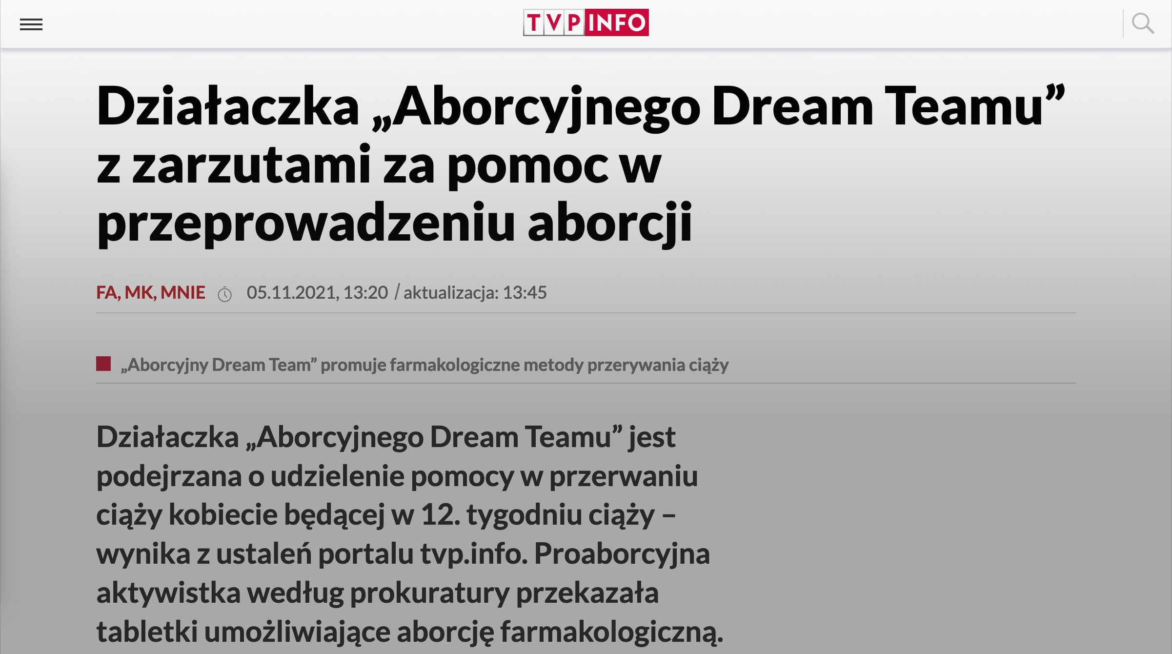 Screen ze strony tvp.info z nagłówiem - Działaczka „Aborcyjnego Dream Teamu” z zarzutami za pomoc w przeprowadzeniu aborcji.